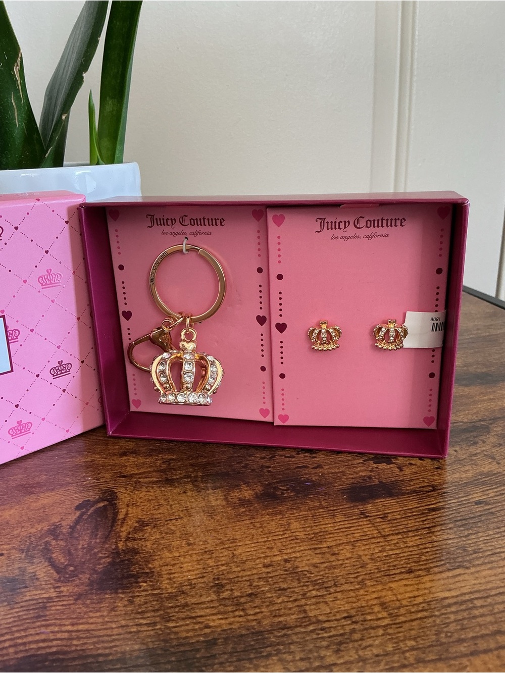 Juicy Couture Gold & Pink Crown Bag Charm with Matching Crown Stud Earrings